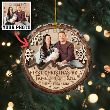 Custom Photo First Christmas As A Family Of Three 2-Layer Wood Ornament