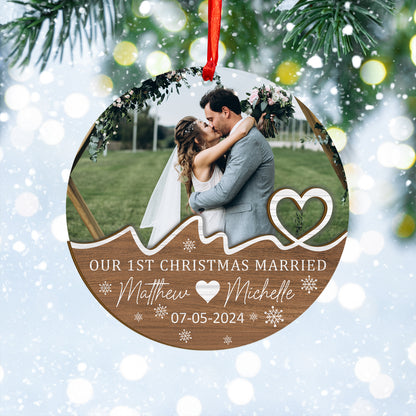 Custom Photo First Christmas Married Wood and Acrylic Ornament