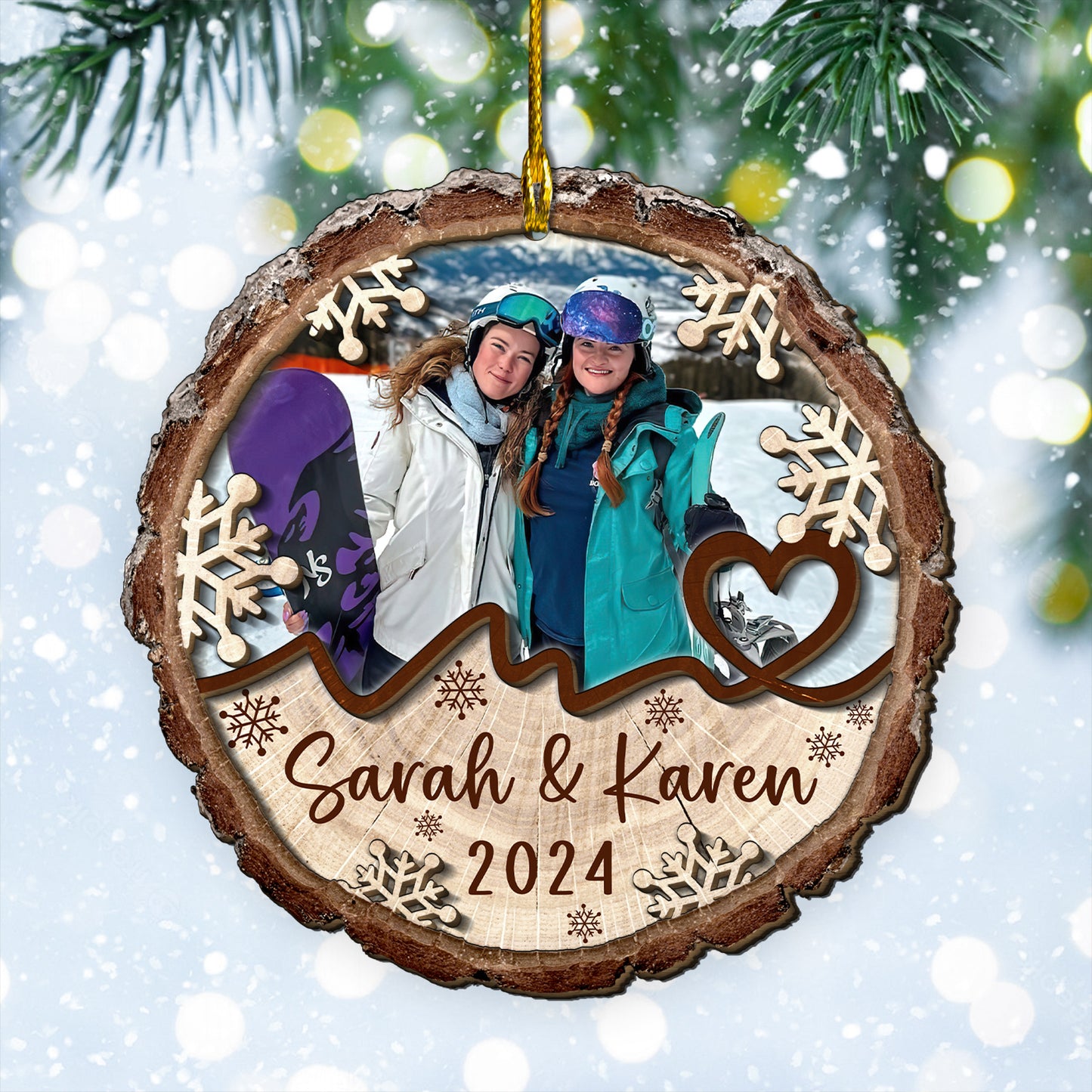 Custom Snow Boarding Photo 2-Layer Wood Ornament