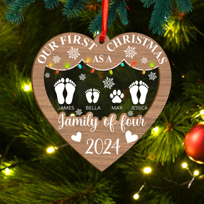 Custom First Christmas As A Family  of 3,4,5 Footprints Wood and Acrylic Ornament