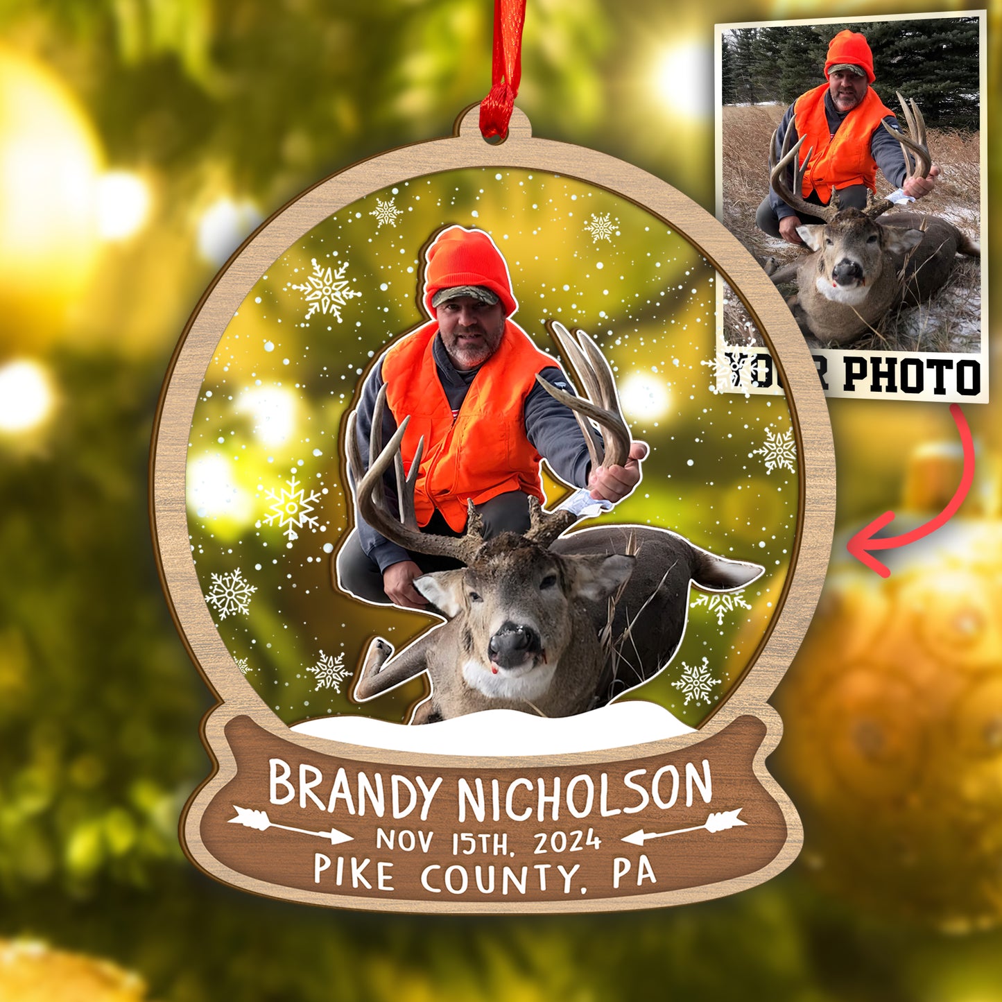 Custom Hunting Photo Snowball Wood and Acrylic Ornament