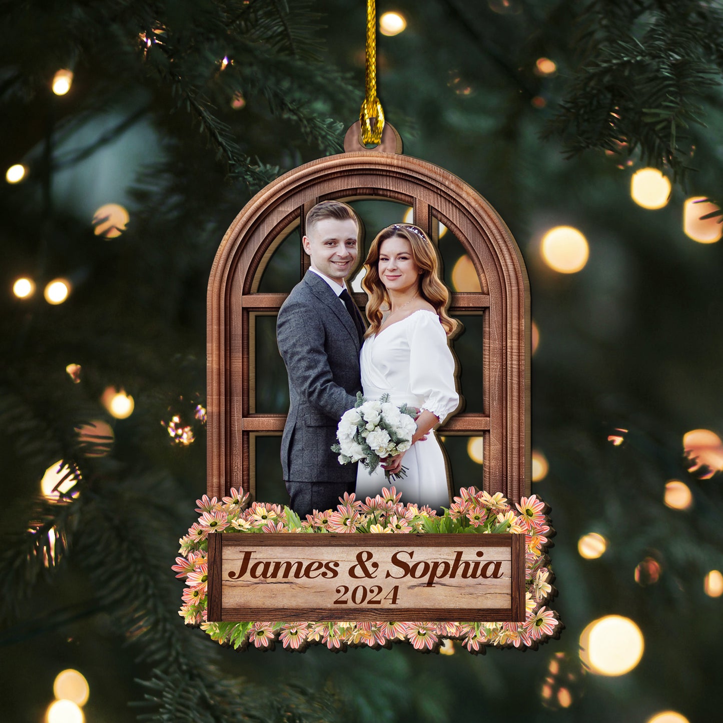 Custom Wedding Photo Window Frame 2-Layer Wood Ornament