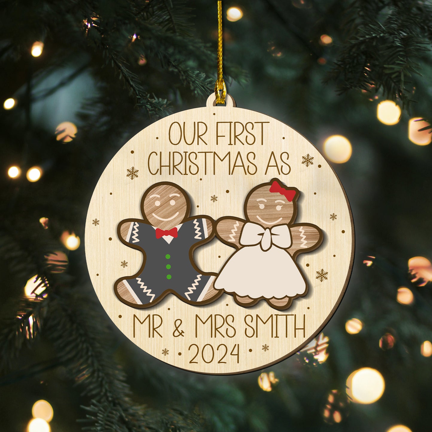 Custom Mr & Mrs Gingerbread 2-Layer Wood Ornament