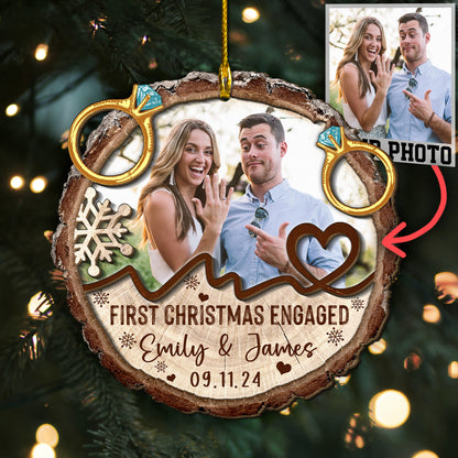 Custom Engaged Couple Photo with Rings 2-Layer Wood Slice Ornament