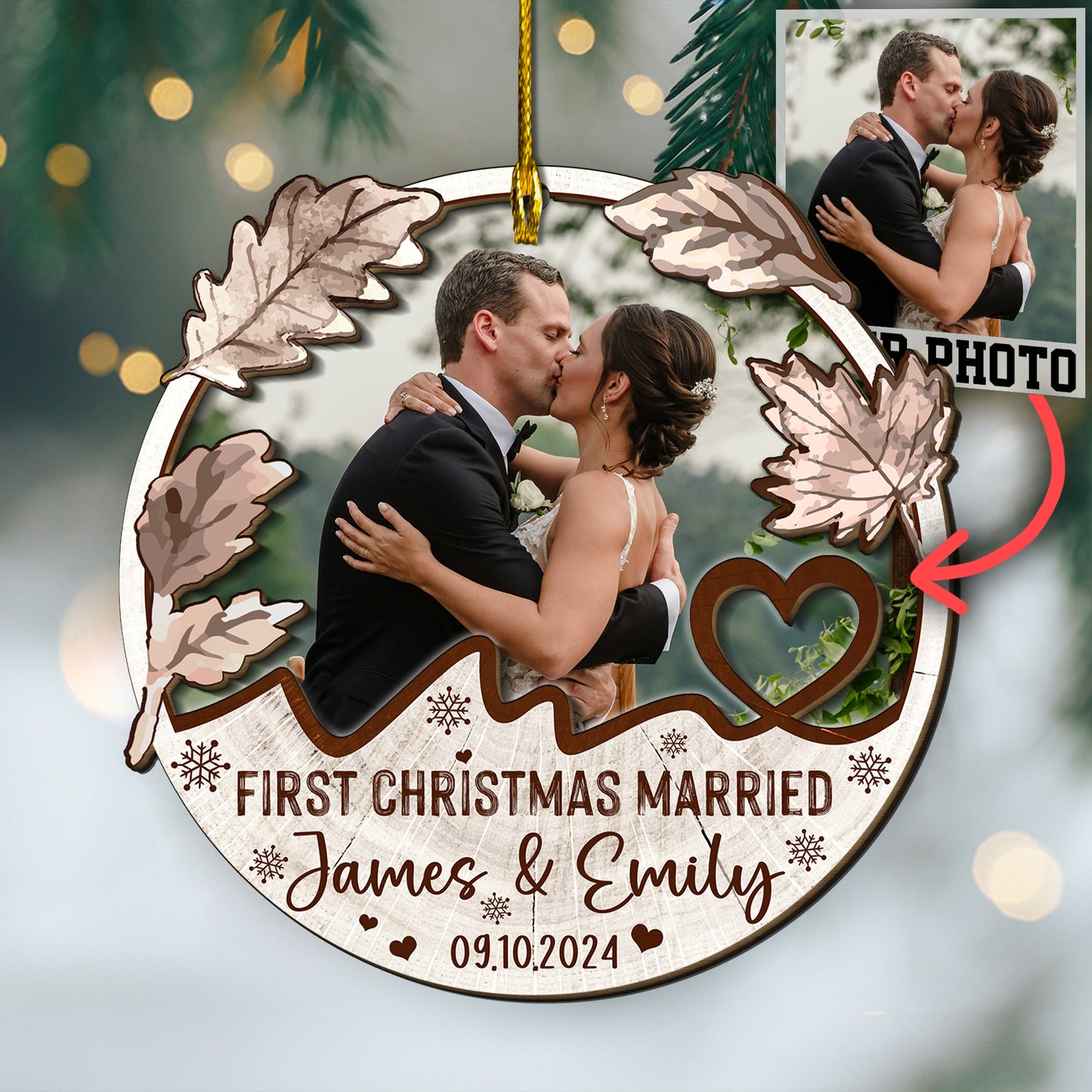 Custom Wedding Photo 2-Layer Wood Ornament