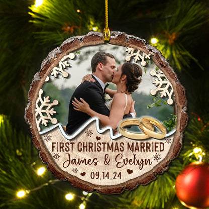 Custom Wedding Photo Rings 2-Layer Wood Slice Ornament