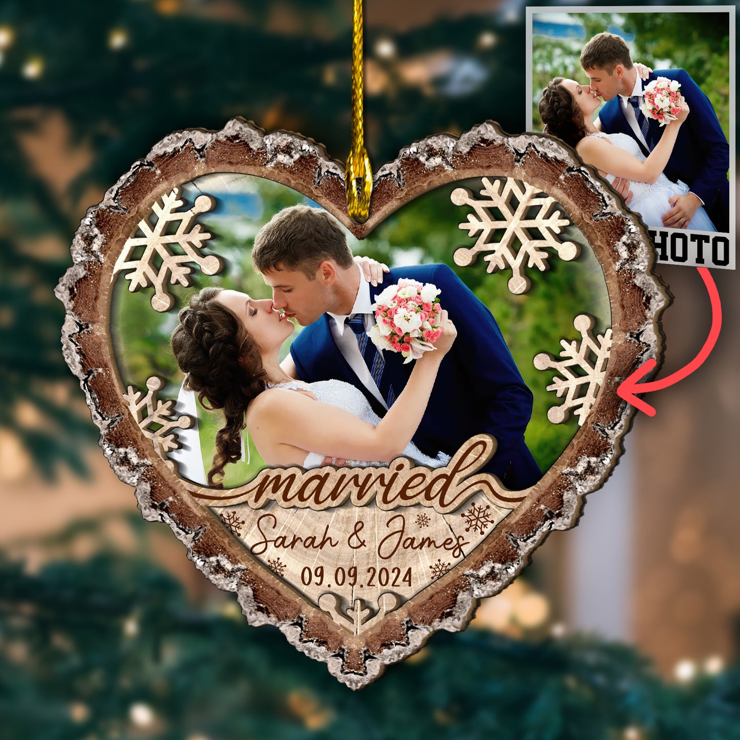 Custom Wedding Photo Heart Shape 2-Layer  Wood Slice Ornament