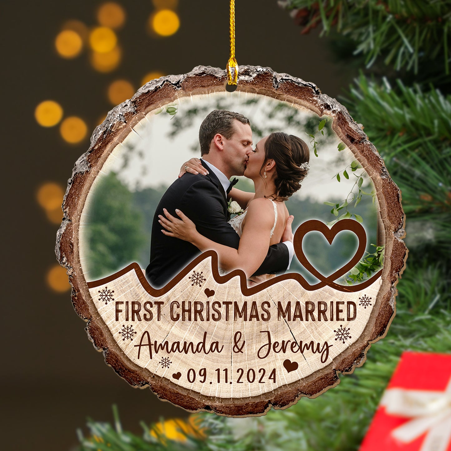 Custom Wedding Photo Wood Slice Ornament