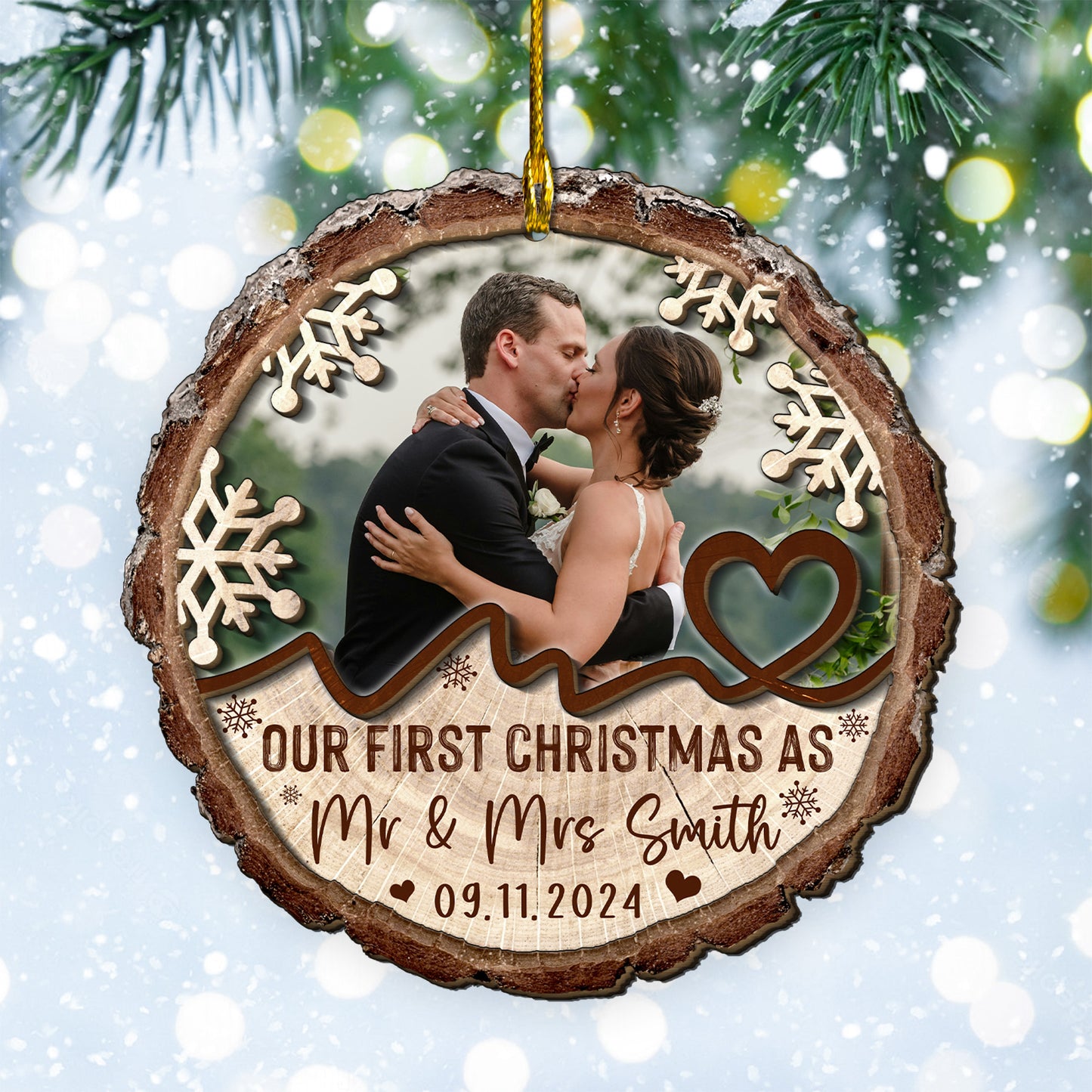 Custom Wedding Photo 2-Layer Wood Slice Ornament