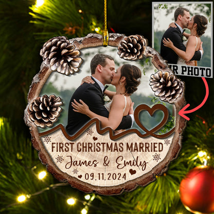 Custom Wedding Photo 2-Layer Wood Slice Ornament