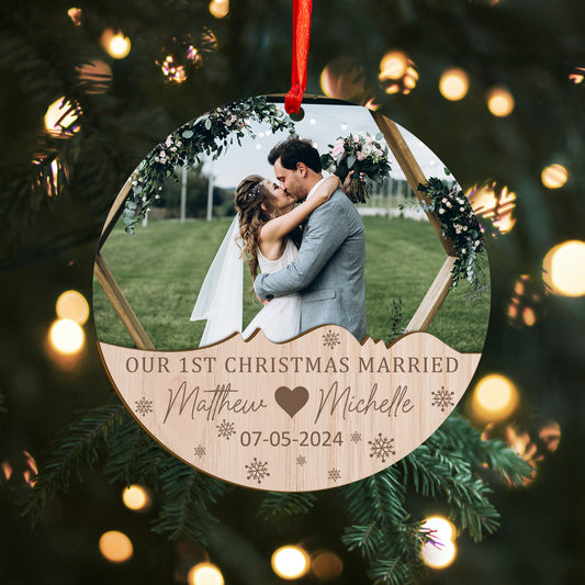 Custom Photo Our 1st Christmas Married Wood and Acrylic Ornament