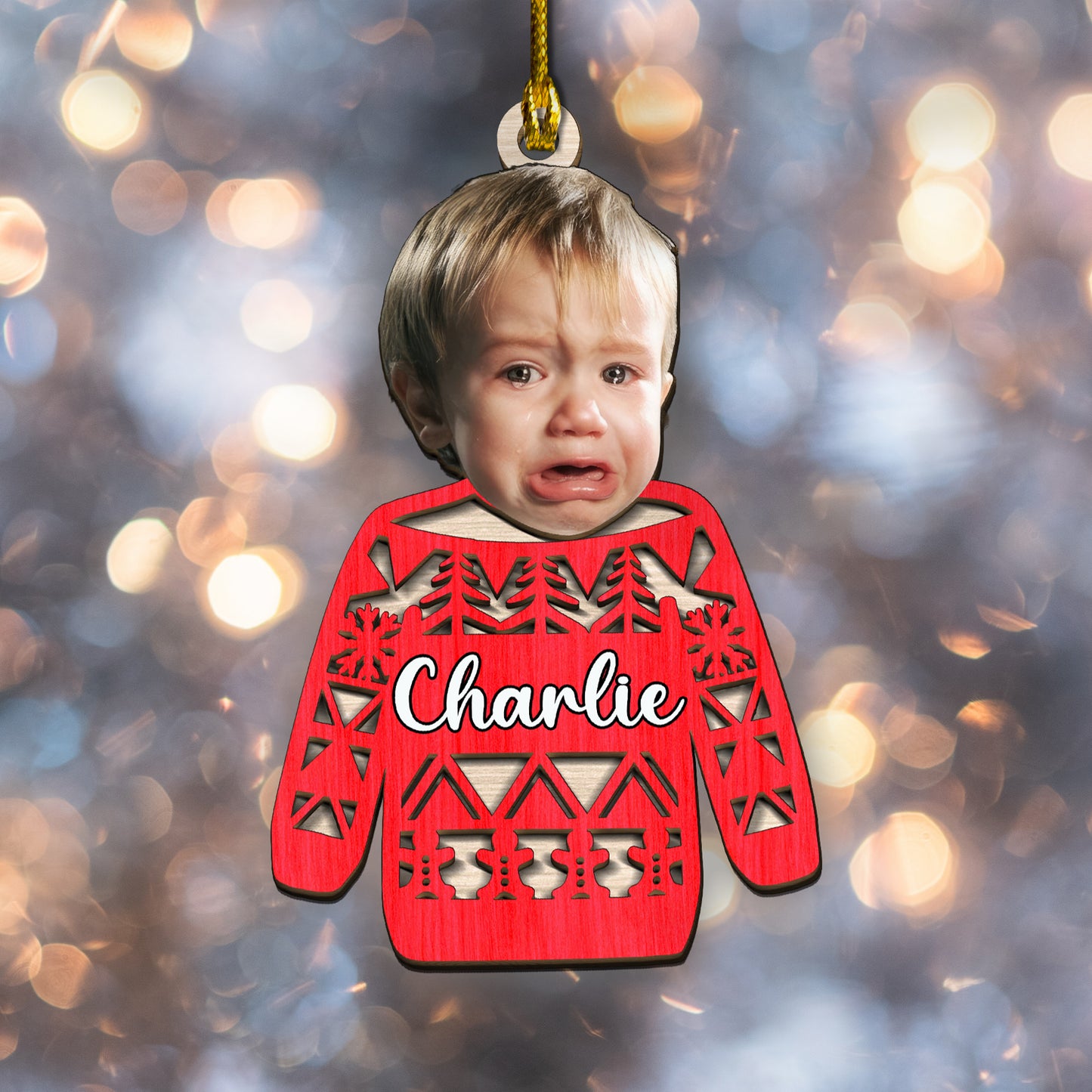 Custom Face Photo Funny Ugly Sweater 2-Layer Wood Ornament