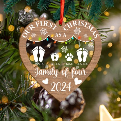 Custom First Christmas As A Family  of 3,4,5 Footprints Wood and Acrylic Ornament