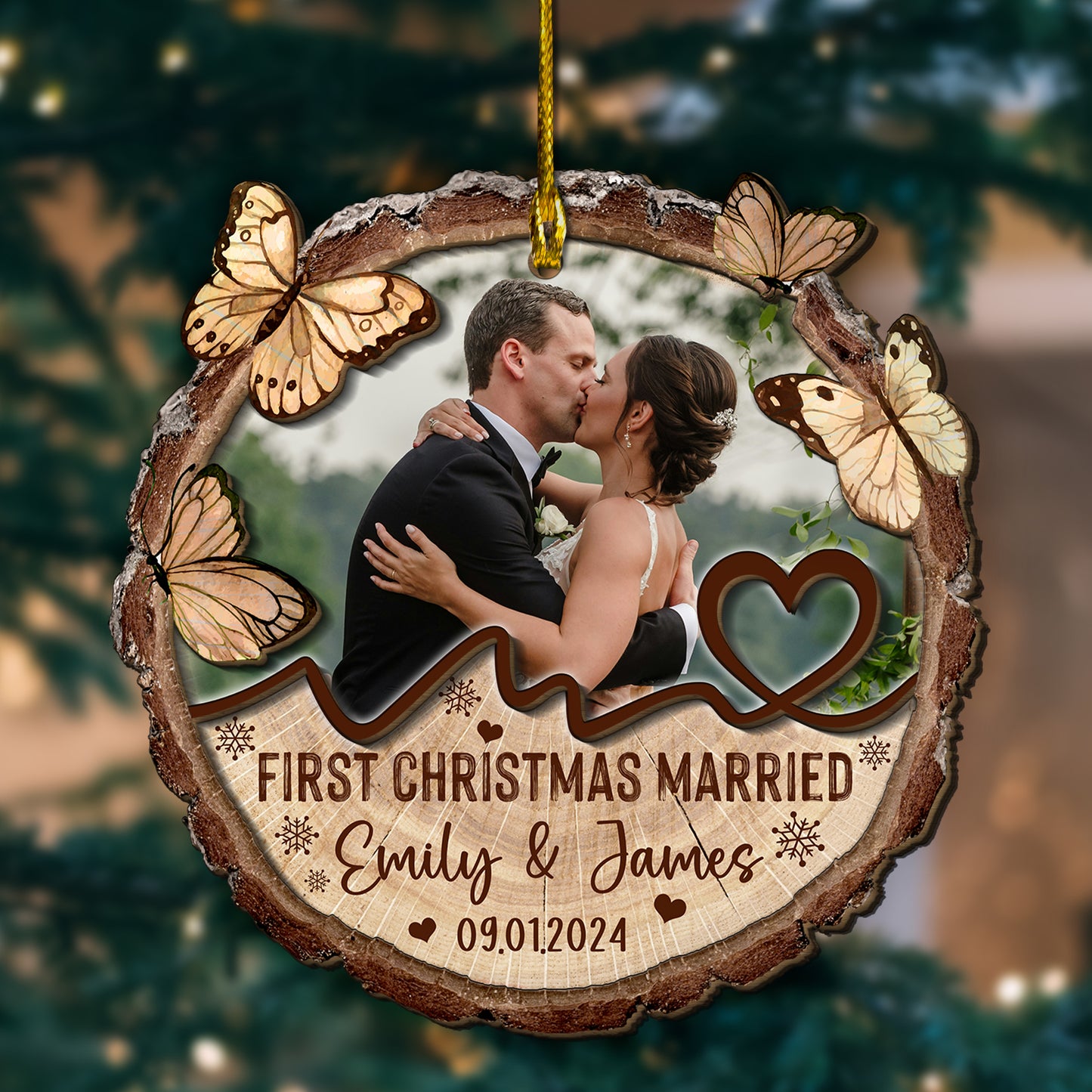 Custom Wedding Photo 2-Layer Wood Slice Ornament