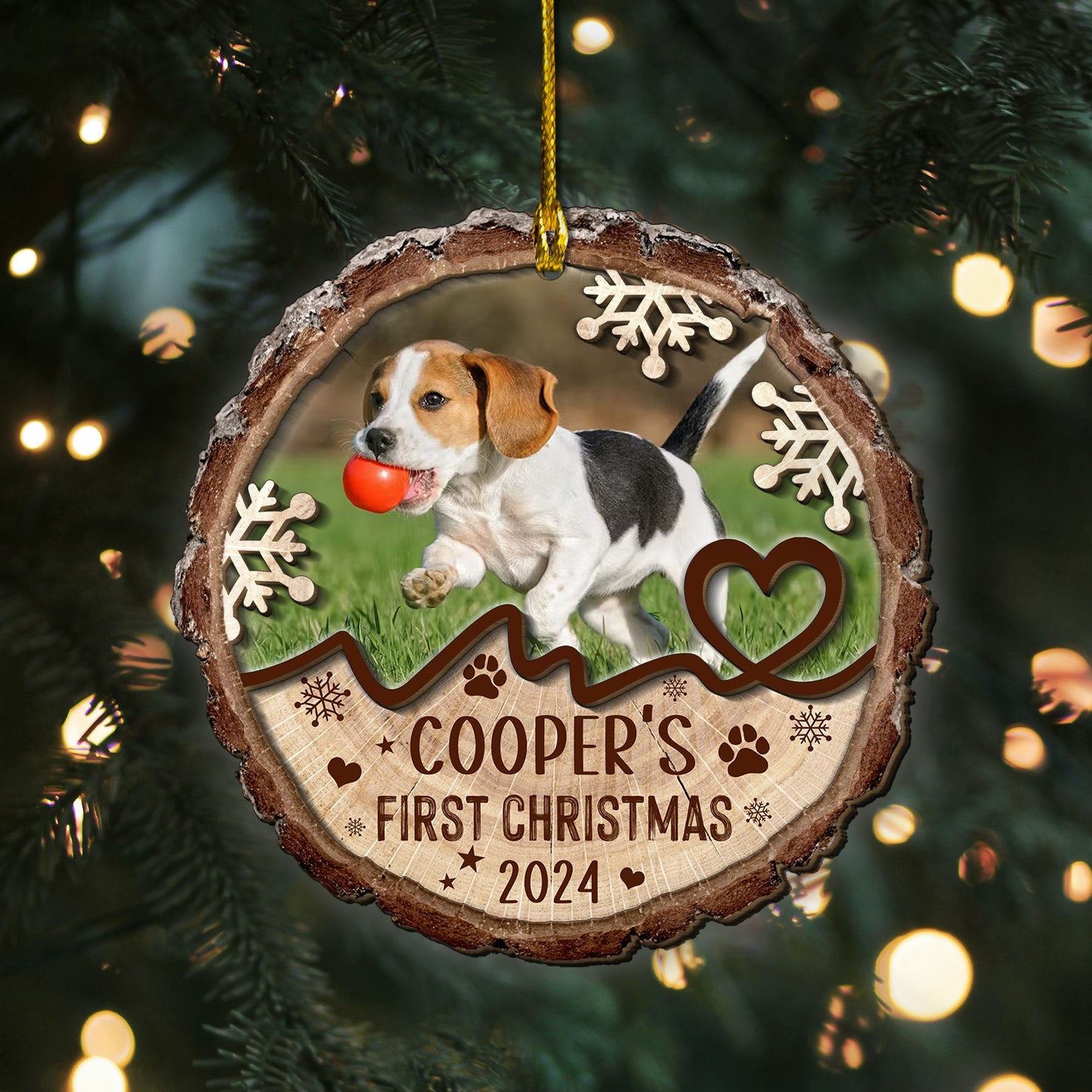 Custom Dog Photo First Christmas 2-Layer Wood Ornament