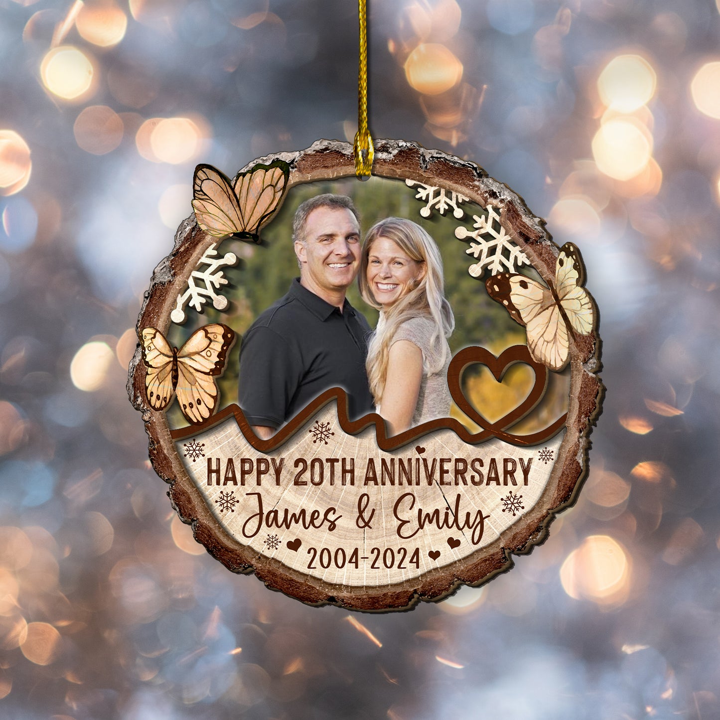 Custom Photo Couple Anniversary 2-Layer Wood Slice Ornament