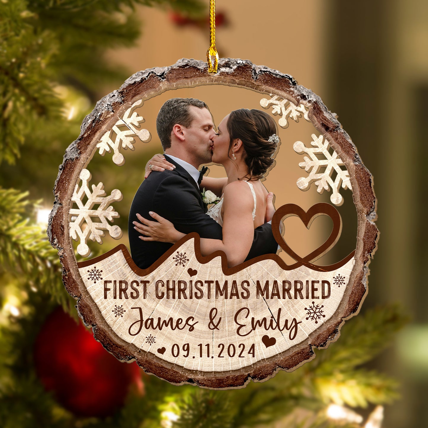 Custom Photo Wedding Wood Ornament