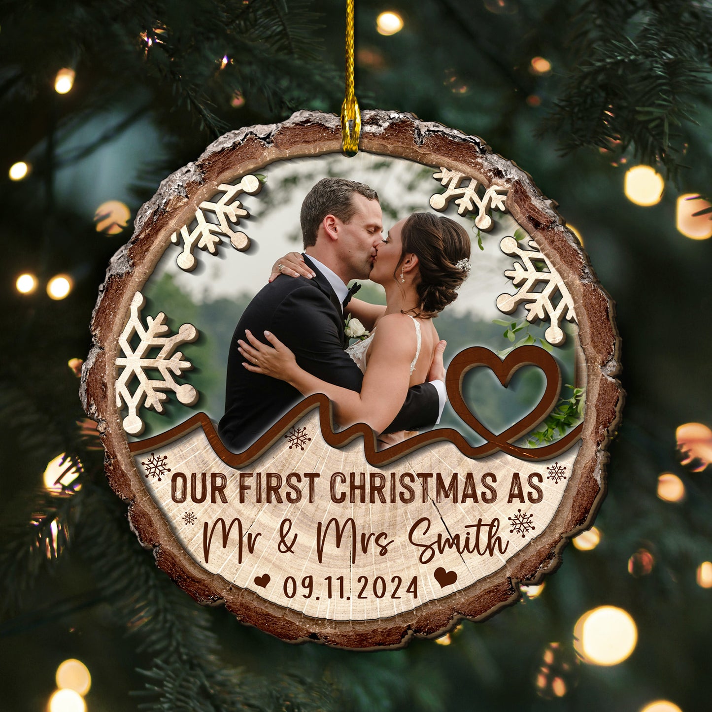 Custom Wedding Photo 2-Layer Wood Slice Ornament