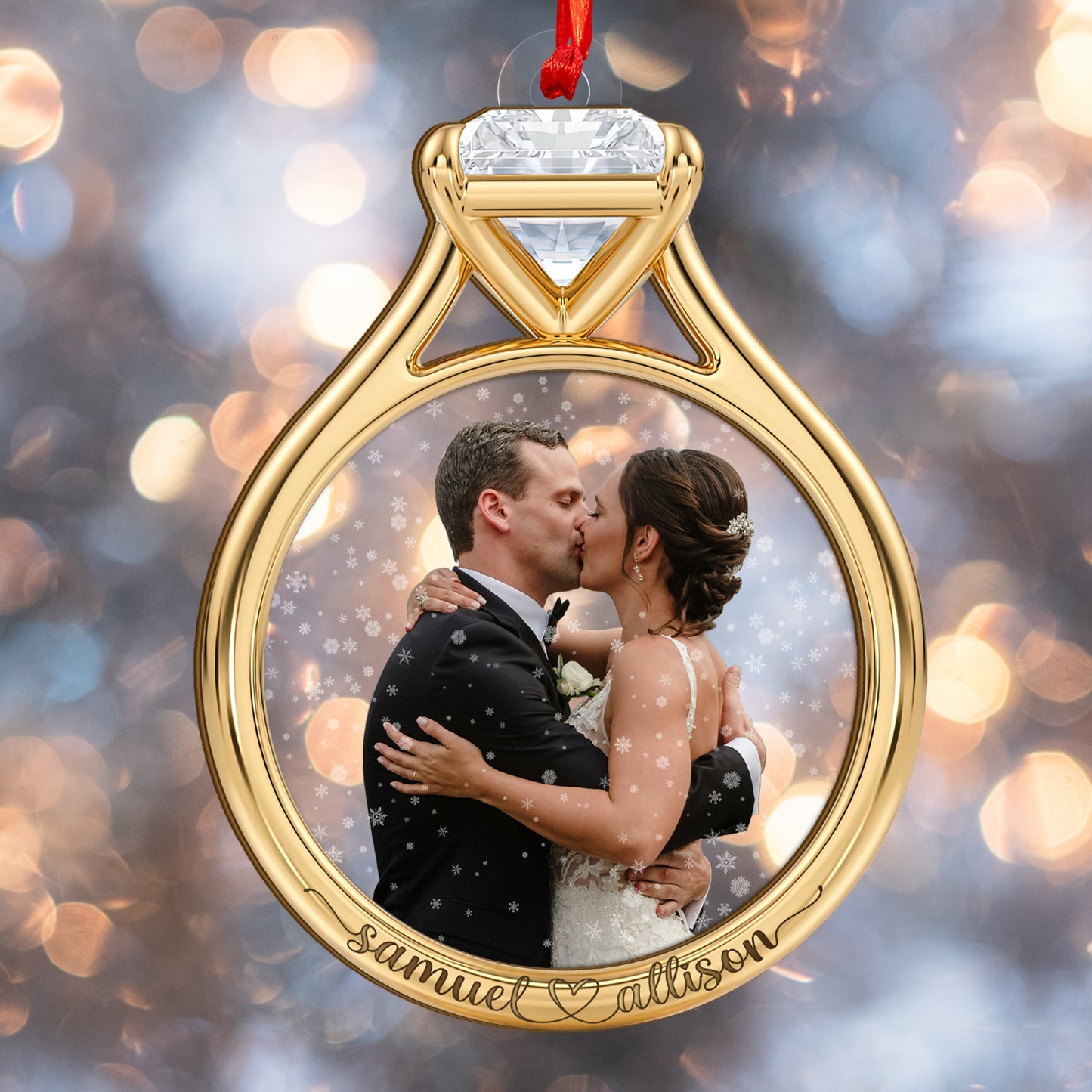 Custom Wedding Photo Ring Shape Wood and Acrylic Ornament