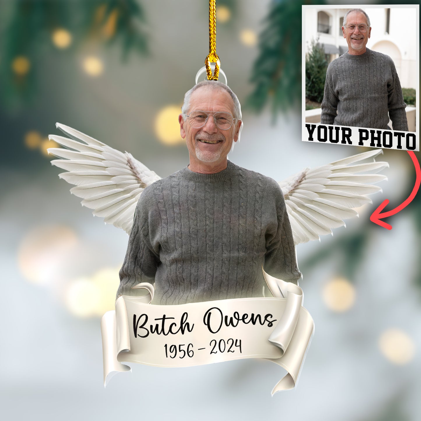 Custom Memorial Photo Angel Wings Ornament