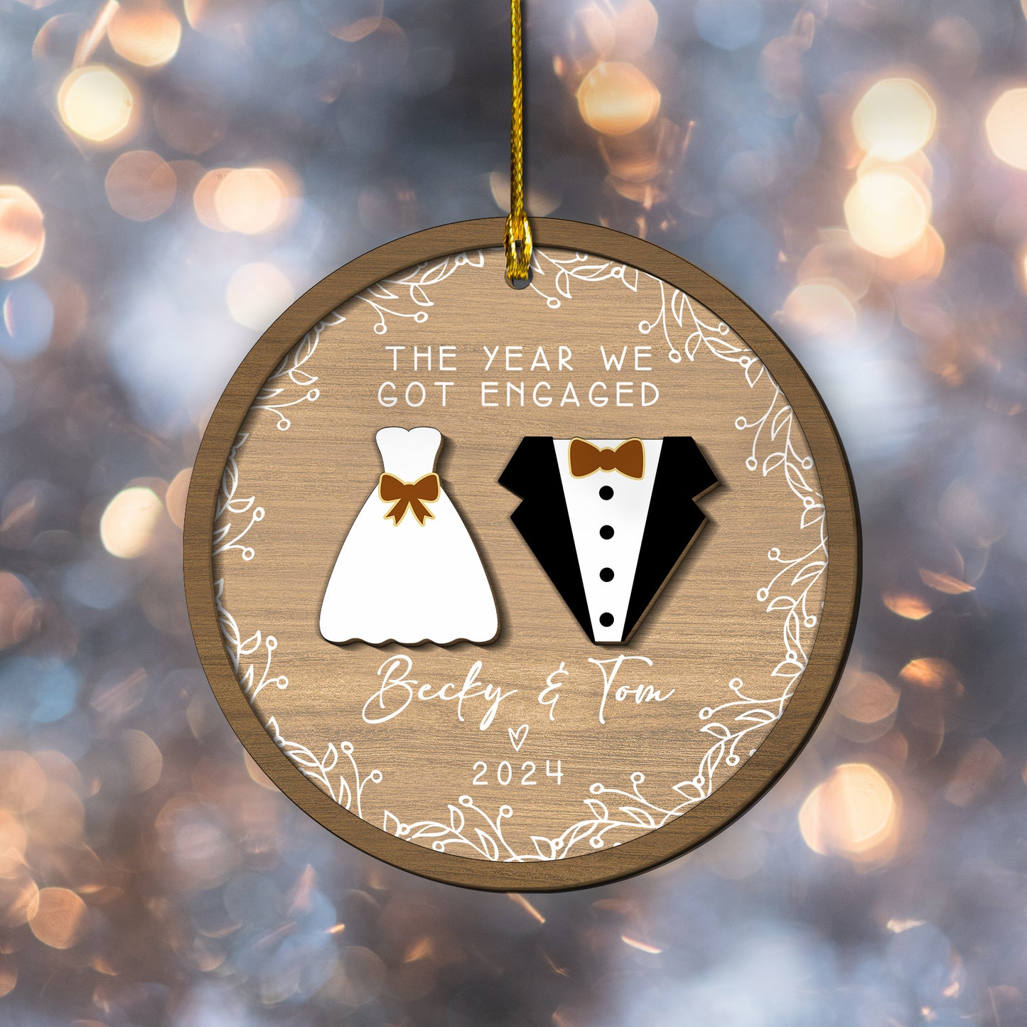 Custom Engaged Couple 2-Layers Wood Ornament