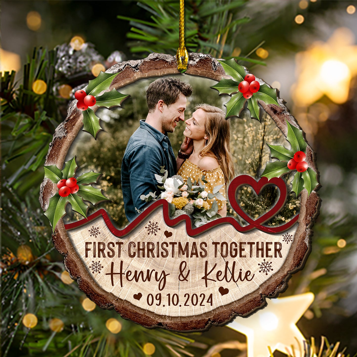 Custom Couple Photo 2-Layer Wood Slice Ornament