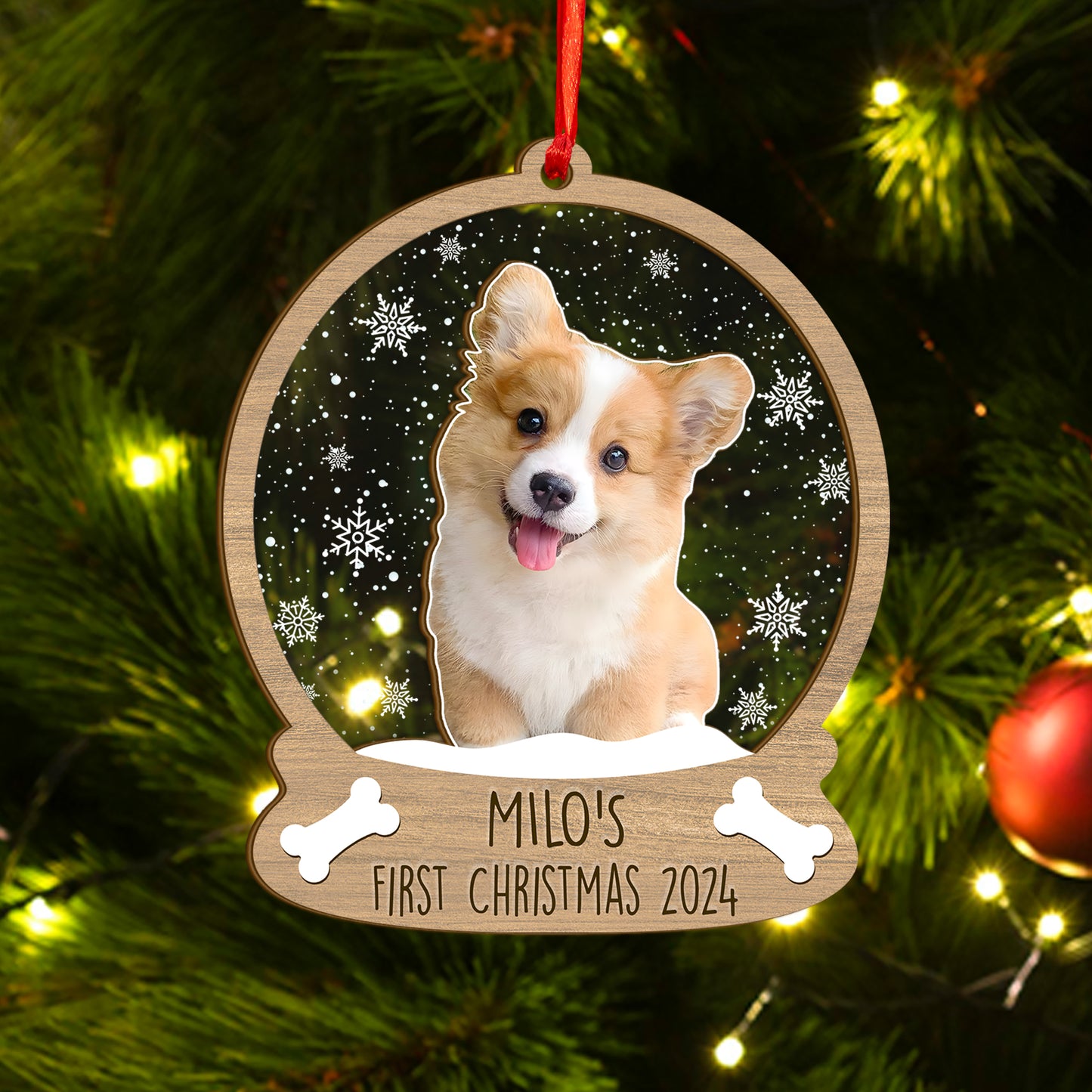 Custom Photo Dog First Christmas Wood and Acrylic Ornament