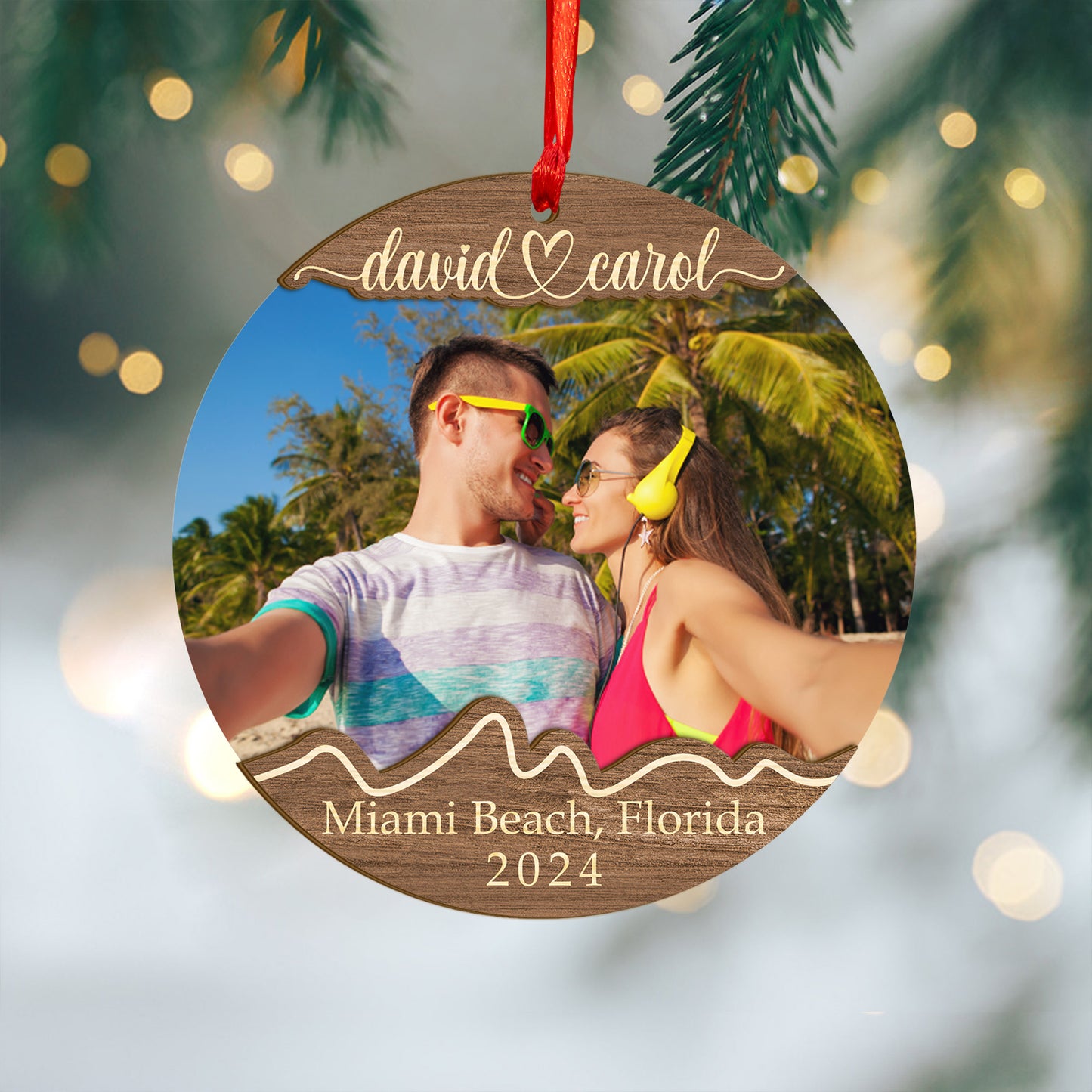 Custom Couple Photo Traveling Wood and Acrylic Ornament