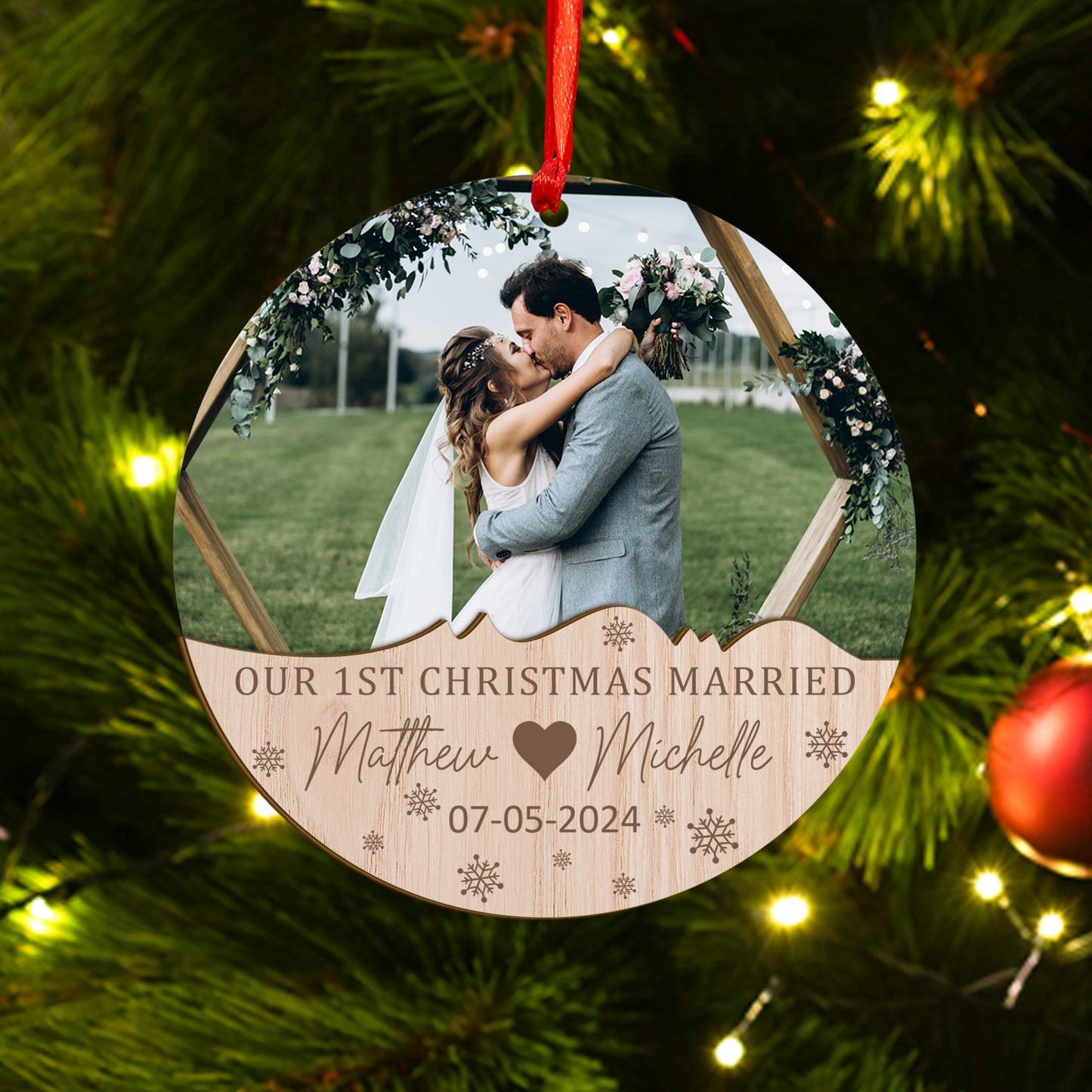 Custom Photo Our 1st Christmas Married Wood and Acrylic Ornament