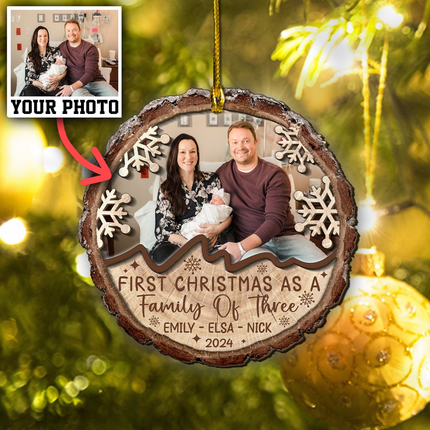 Custom Photo First Christmas As A Family Of Three 2-Layer Wood Ornament