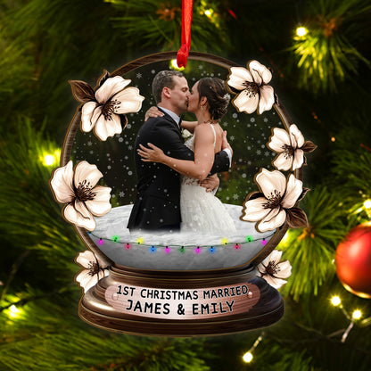 Custom Wedding Photo Floral Wood and Acrylic Ornament