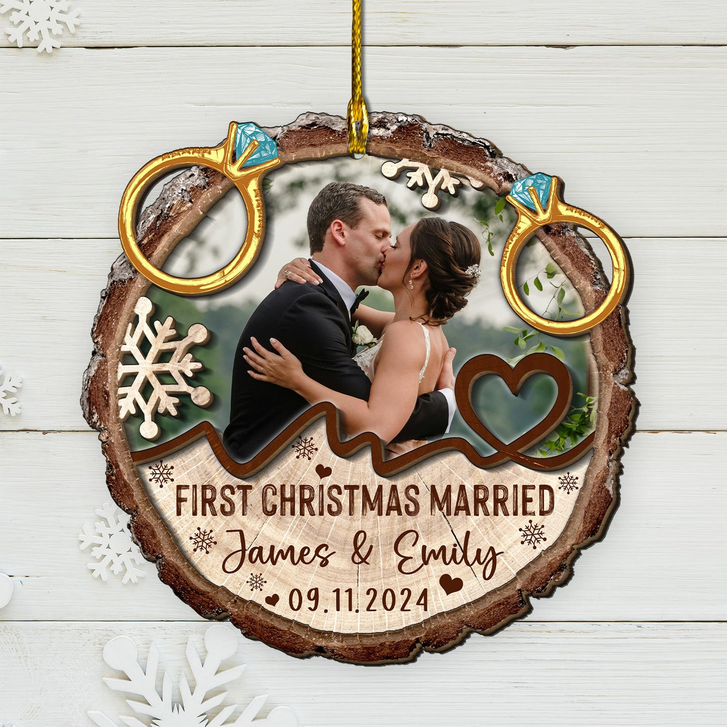 Custom Wedding Photo 2-Layers Wood Slice Ornament