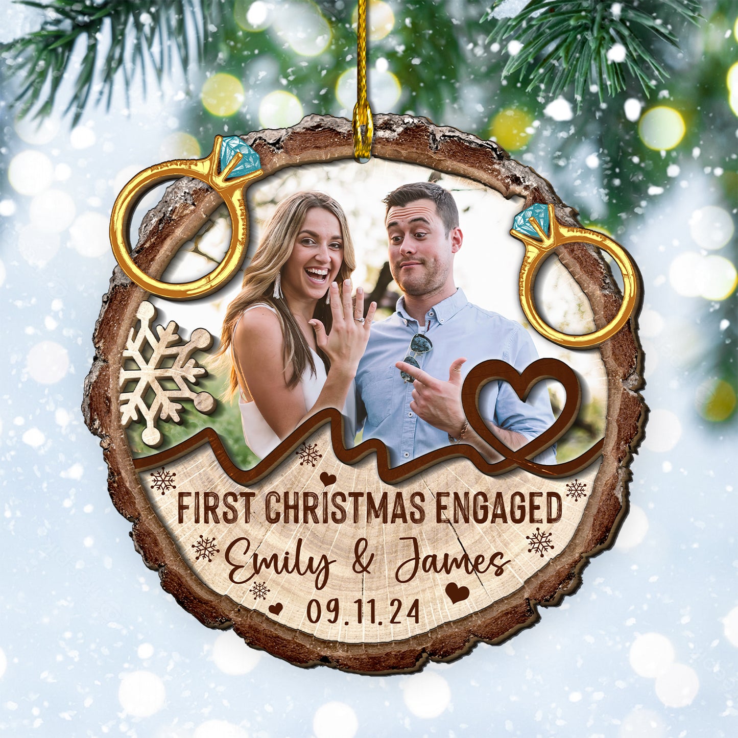 Custom Engaged Couple Photo with Rings 2-Layer Wood Slice Ornament