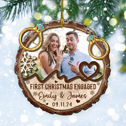 Custom Engaged Couple Photo with Rings 2-Layer Wood Slice Ornament