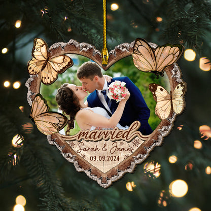 Custom Wedding Photo Heart Shape 2-Layers Wood Slice Ornament