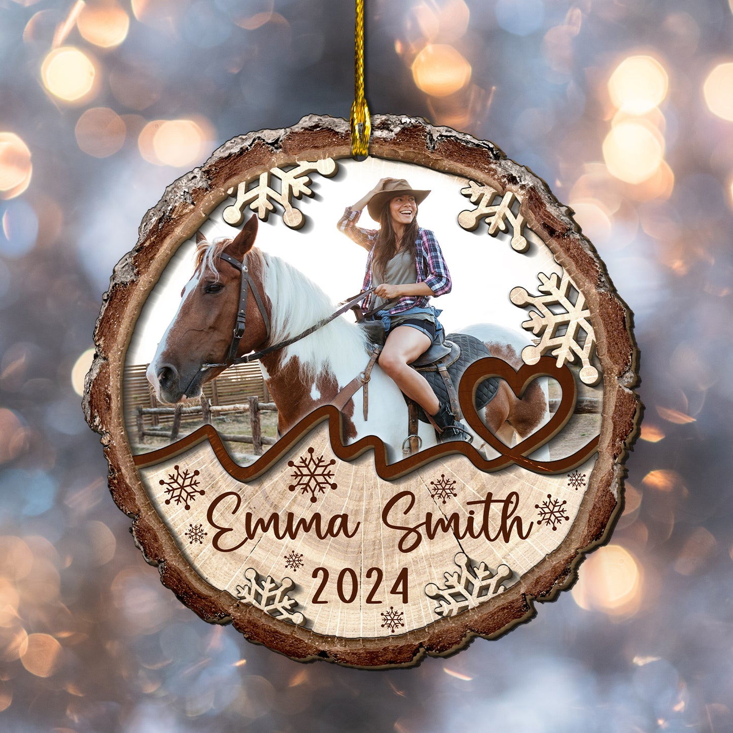 Custom Horse Riding Photo 2-Layers Wood Slice Ornament