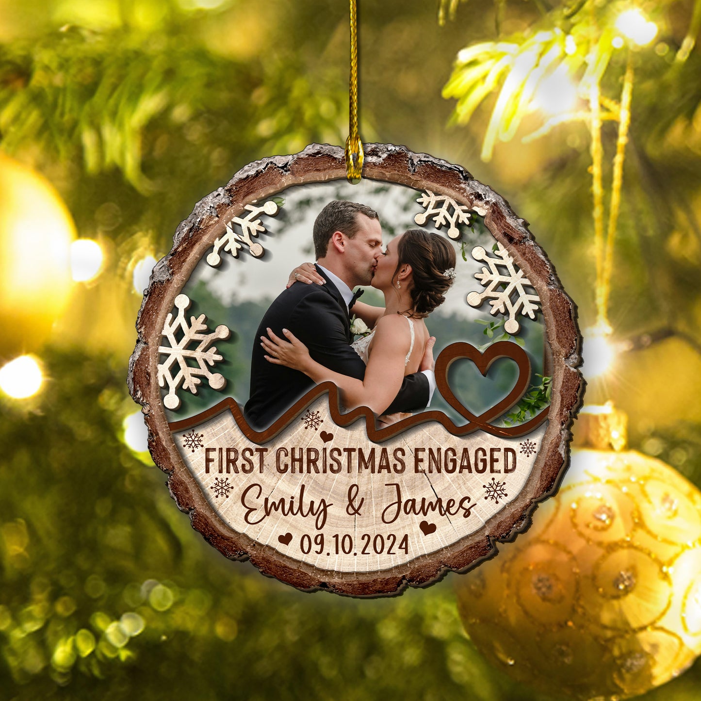 Custom Engagement Photo 2-Layer Wood Slice Ornament