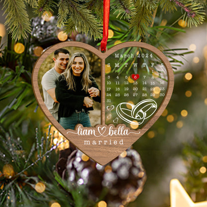 Custom Couple Wedding Photo And Calendar Wood and Acrylic Ornament