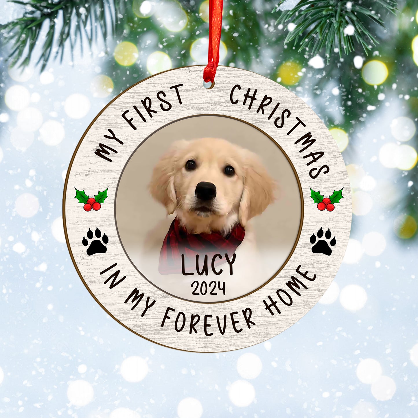 Custom Photo Dog First Christmas Wood and Acrylic Ornament