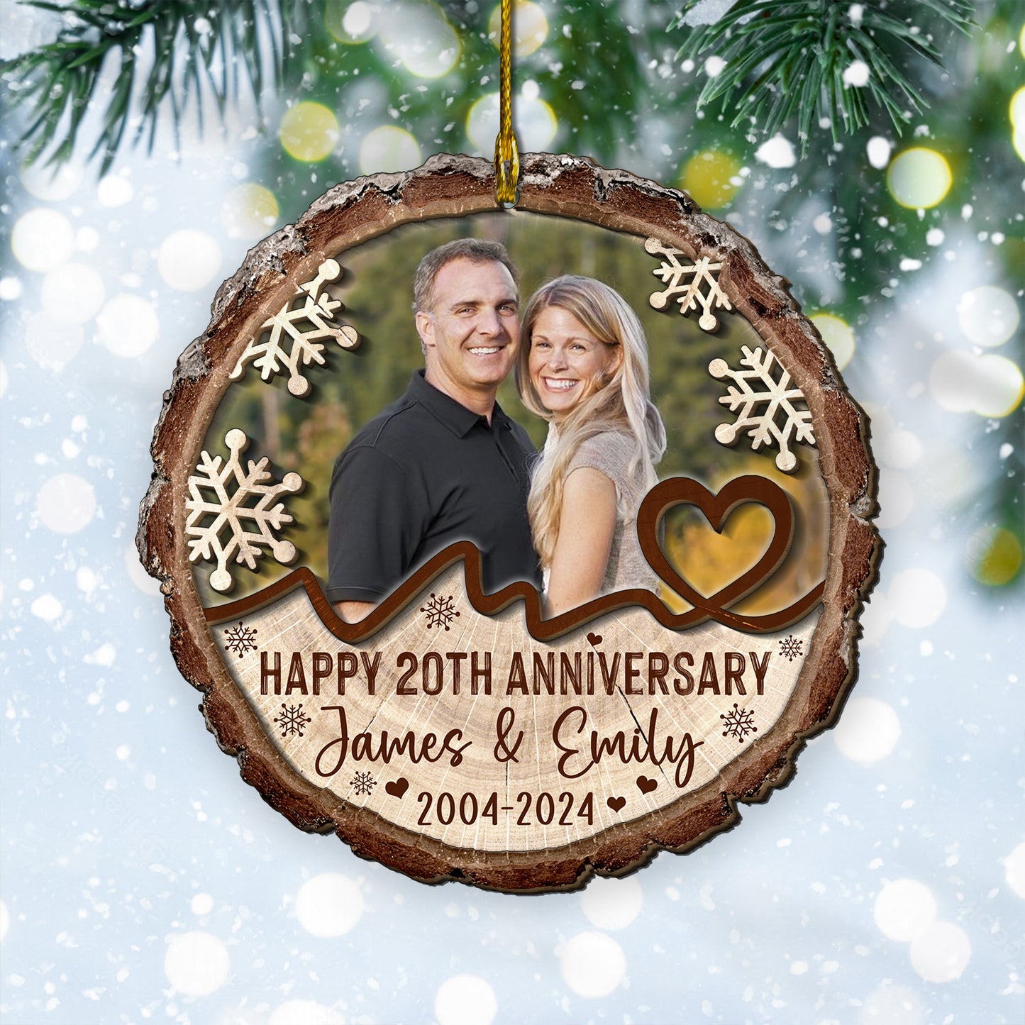 Custom Photo Couple Anniversary 2-Layer Wood Slice Ornament