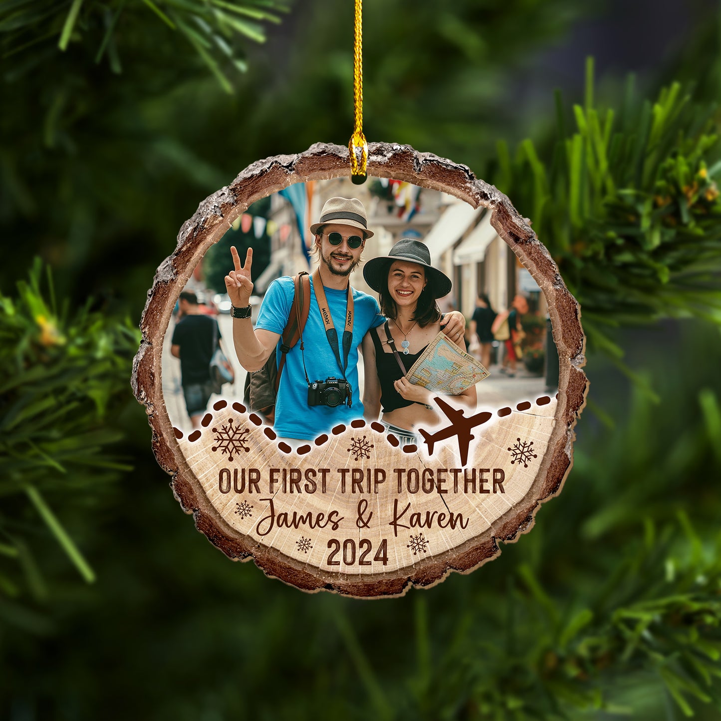 Custom Couple Travel Wood Slice Ornament