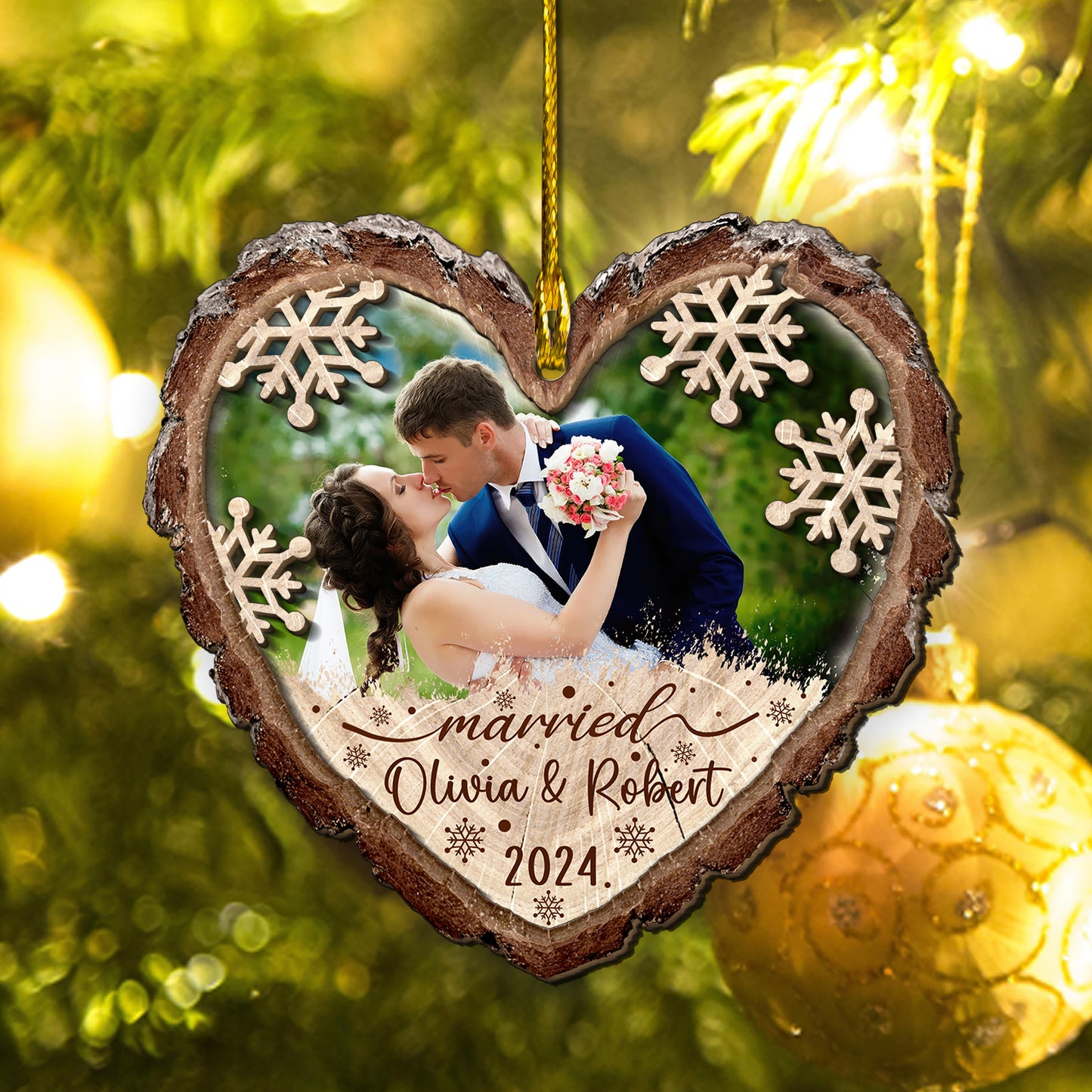 Custom Wedding Photo Heart Shape 2-Layer  Wood Slice Ornament