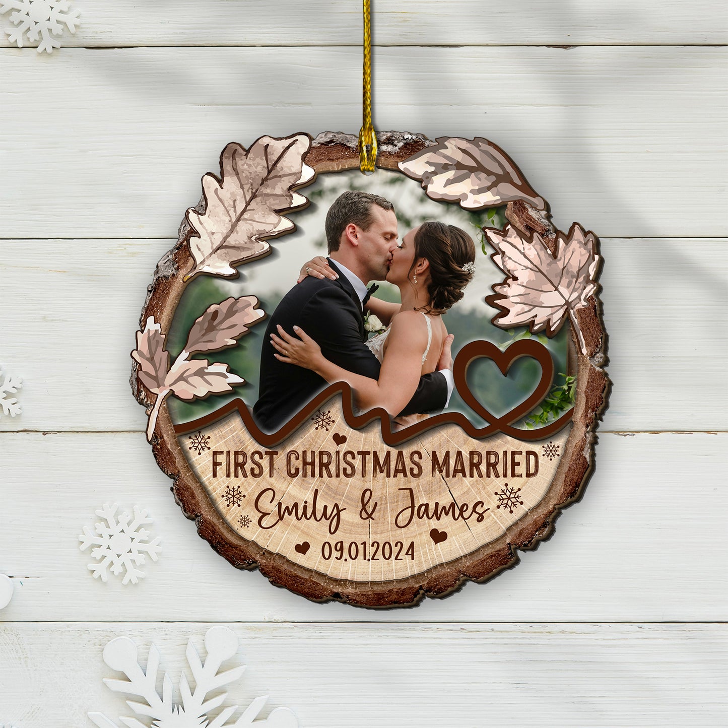 Custom Wedding Photo 2-Layers Wood Slice Ornament