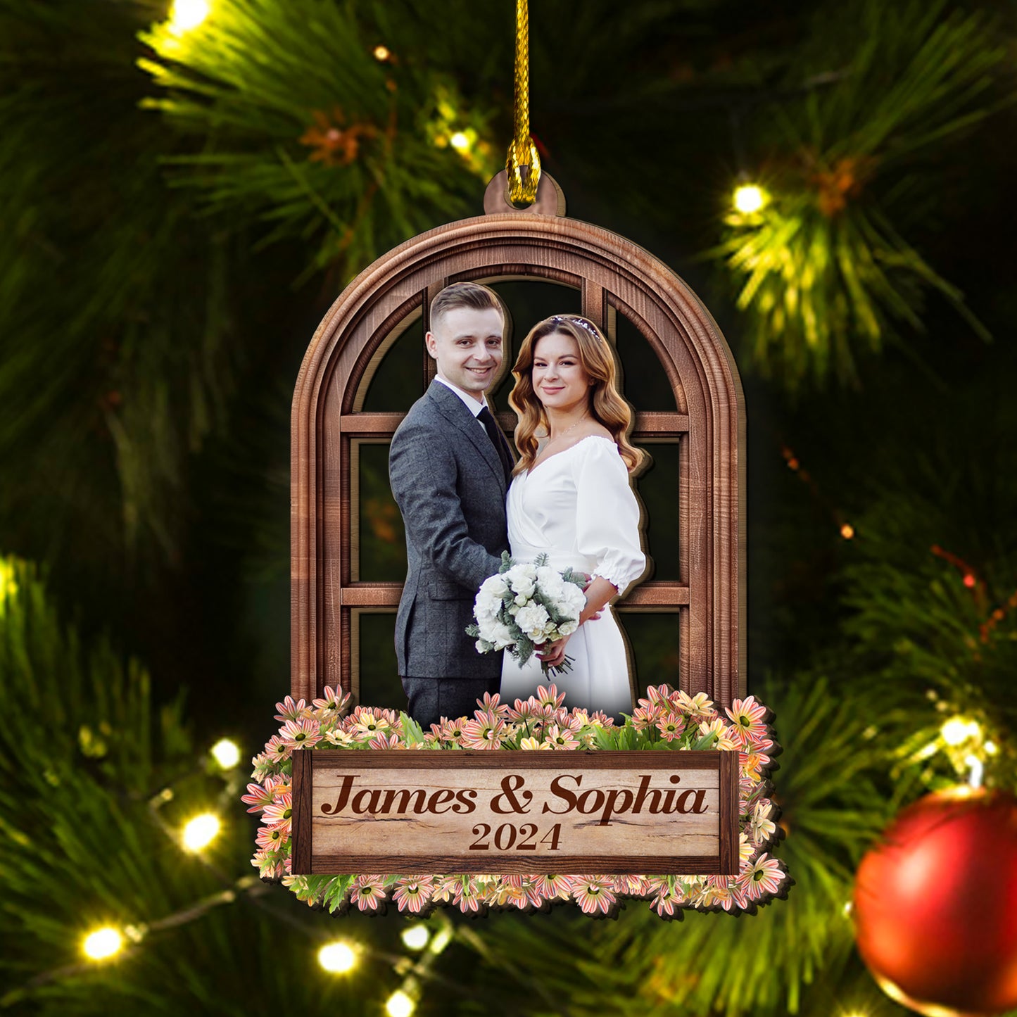 Custom Wedding Photo Window Frame 2-Layer Wood Ornament