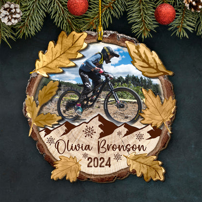 Custom Mountain Biking Photo 2-Layer Wood Slice Ornament