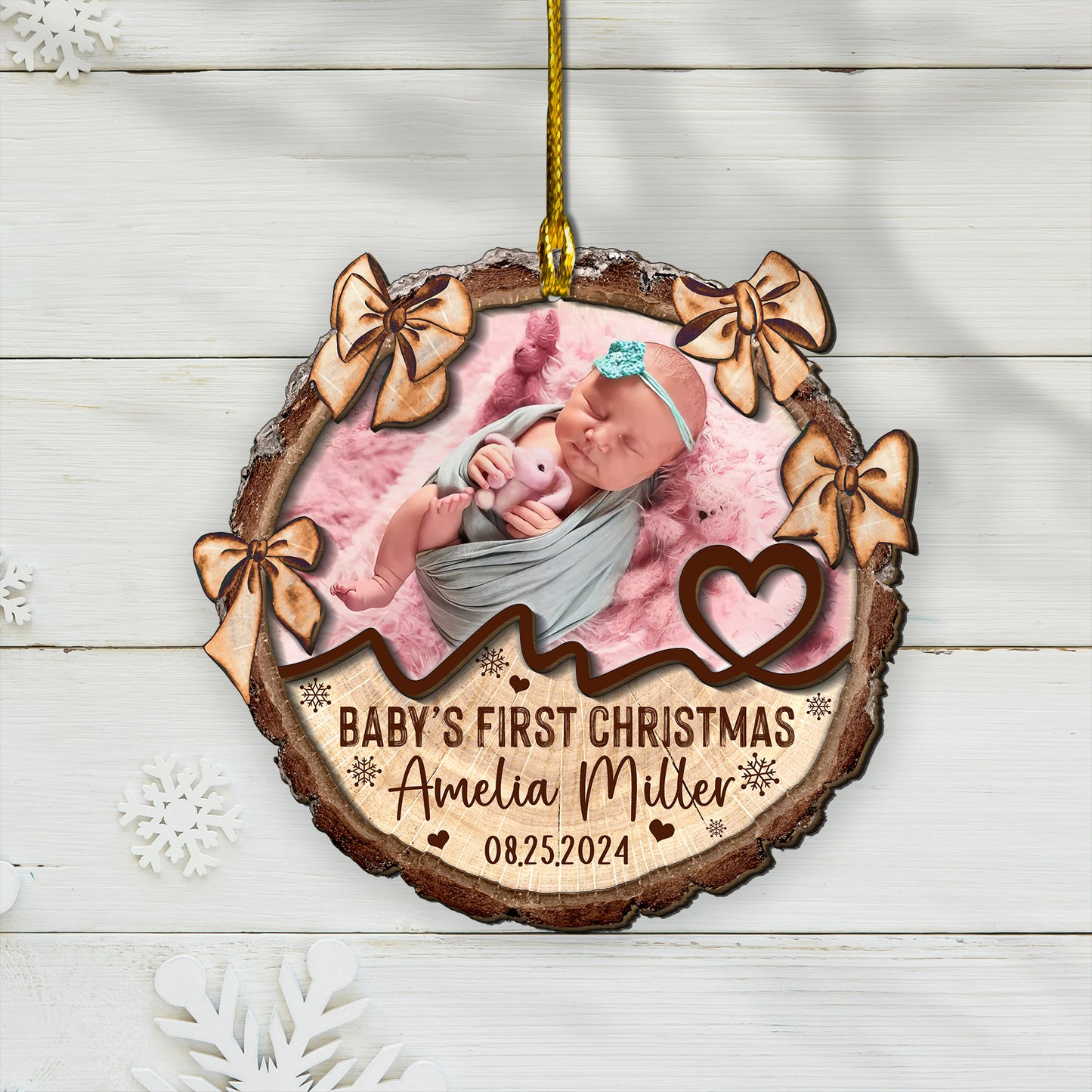 Custom Baby Photo Tie Bow 2-Layer Wood Ornament