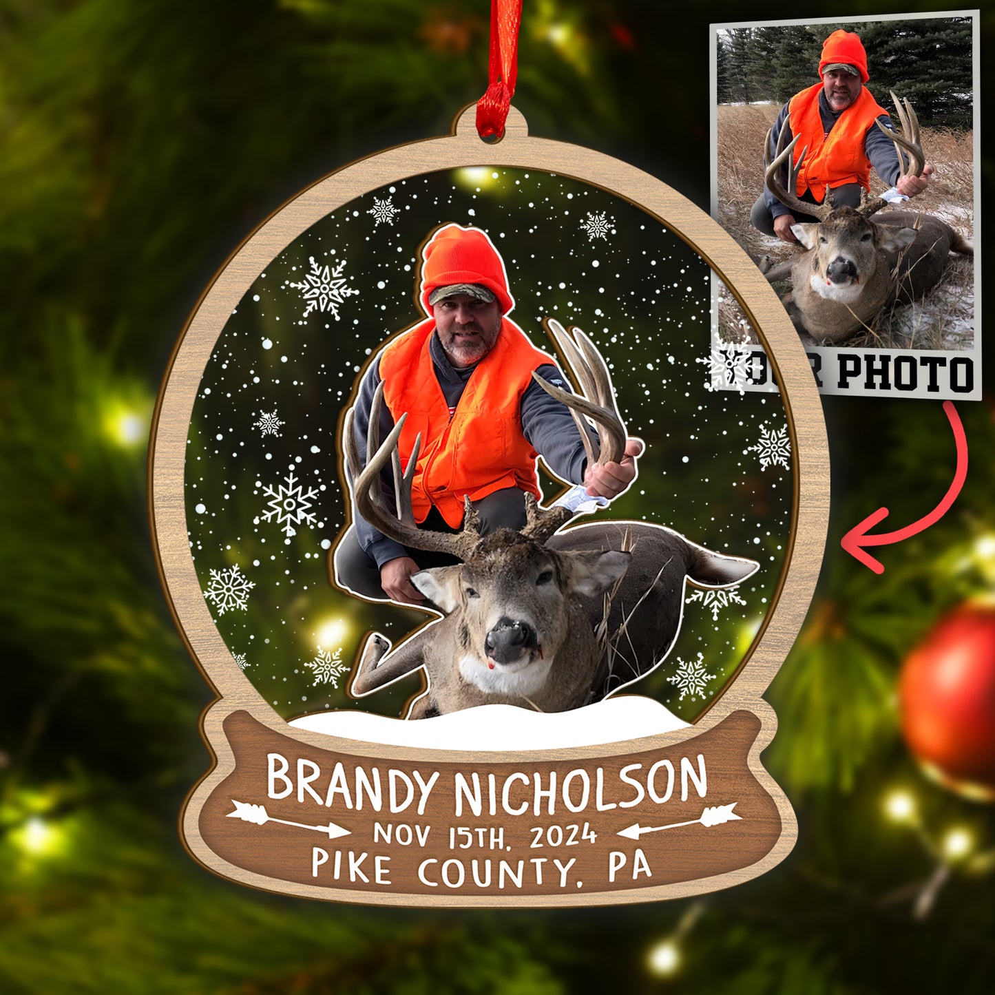 Custom Hunting Photo Snowball Wood and Acrylic Ornament