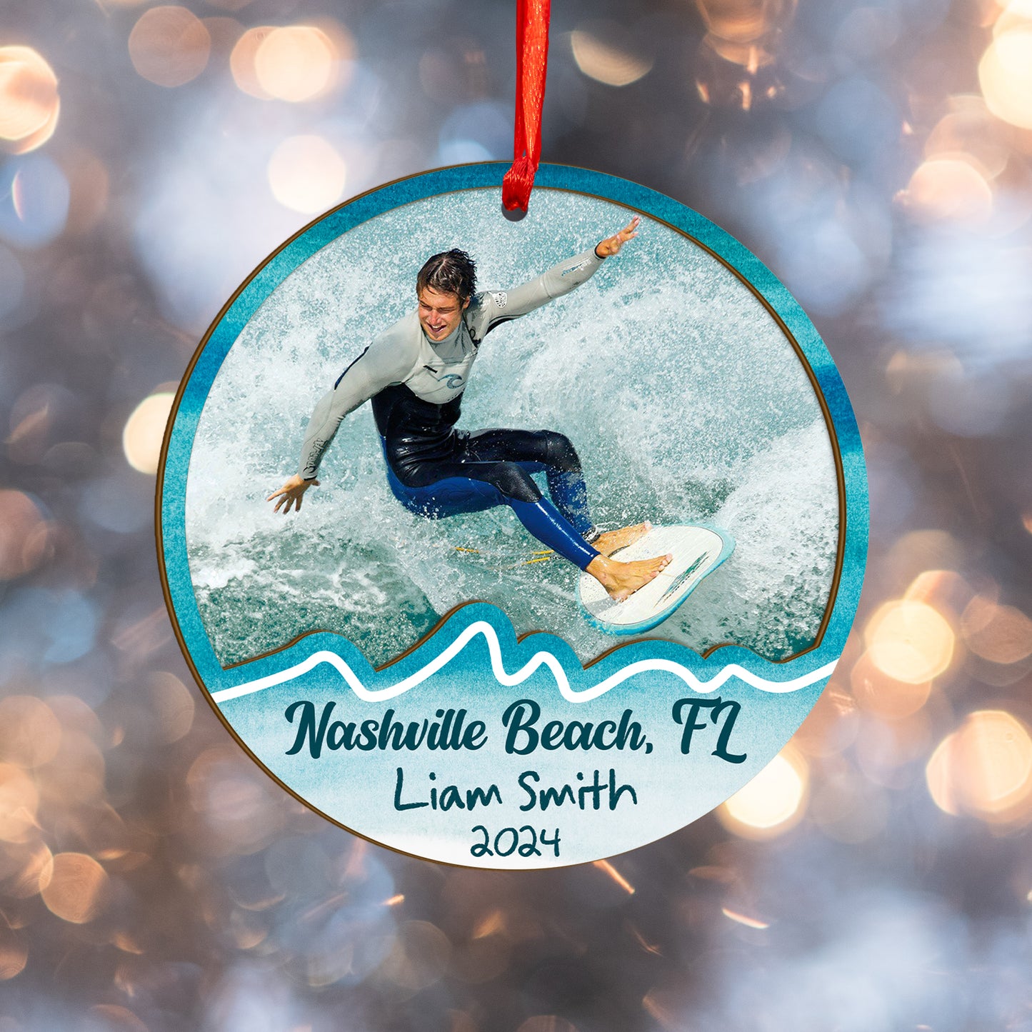 Custom Surfing Photo Wood and Acrylic Ornament