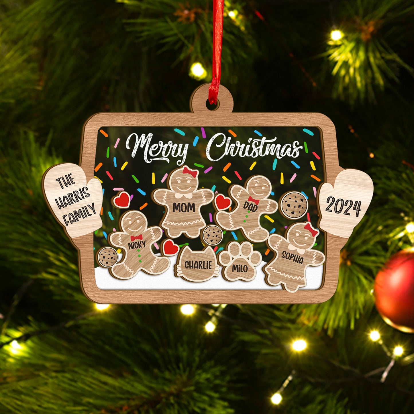 Custom Family Names Gingerbread Wood and Acrylic Ornament