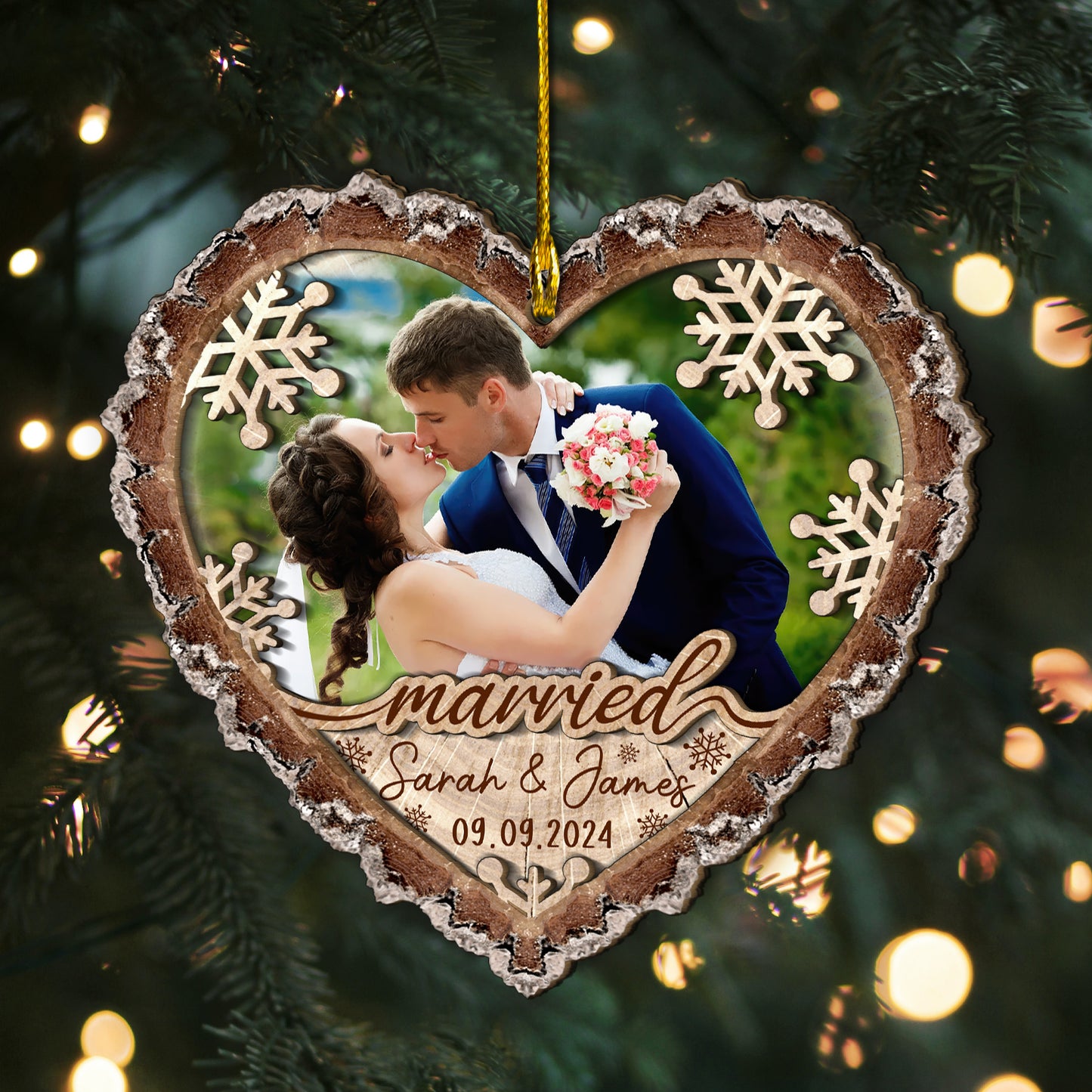 Custom Wedding Photo Heart Shape 2-Layer  Wood Slice Ornament